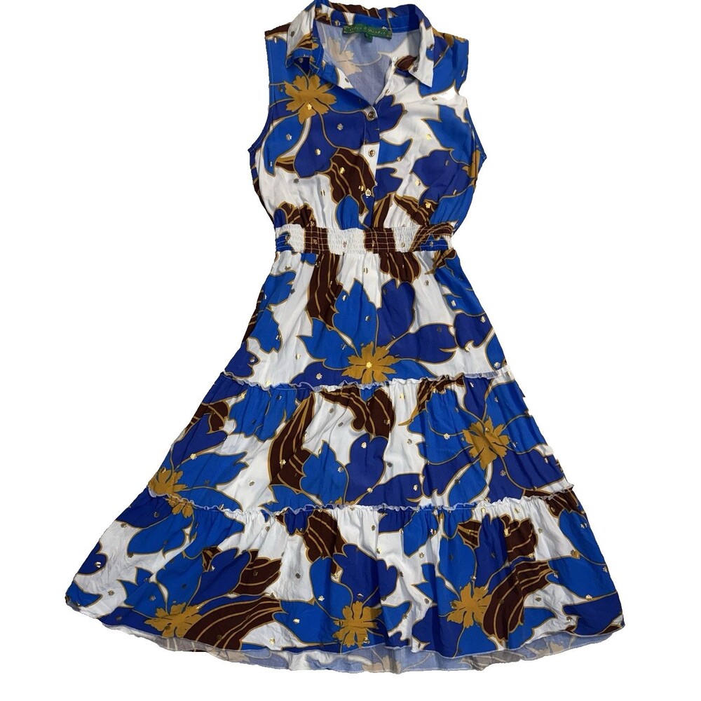 Alex & Parker Midi Dress Tiered Floral Print Metallic Dress Size Small